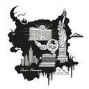 A tattoo design of Las Vegas skyline with Greek god Hermes flying above, representing good energy and luck in the entrepreneur's life tattoo design idea