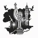 A tattoo design of Las Vegas skyline with Greek god Hermes flying above, representing good energy and luck in the entrepreneur's life tattoo design idea