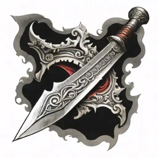 sword with lip print tattoo design idea