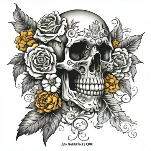 A traditional design featuring a skull adorned with intricate rose and marigold patterns tattoo design idea