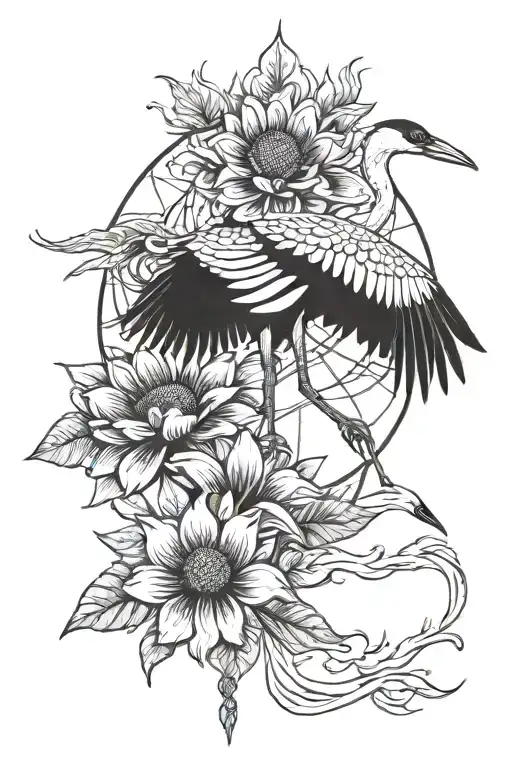 Shoulder tattoo with some blackout including the sun, a crane, and flowers tattoo design idea