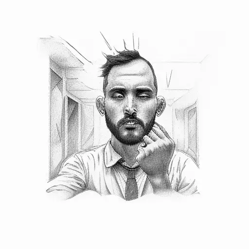 man looking in a window the view of a burning old city tattoo design idea