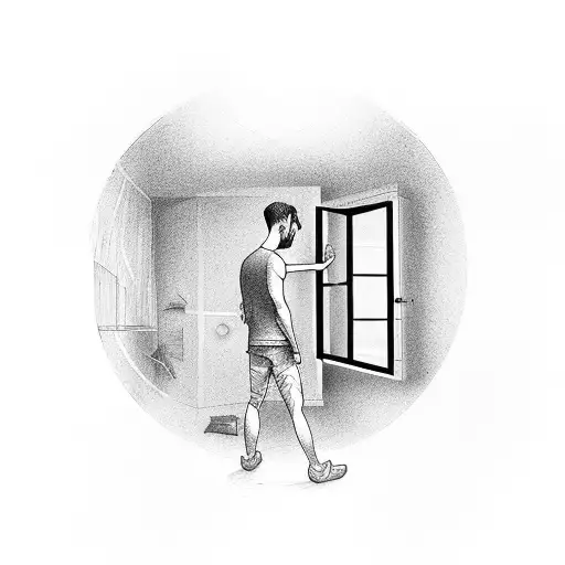 man inside a room looking in a window the view of a burning old city tattoo design idea