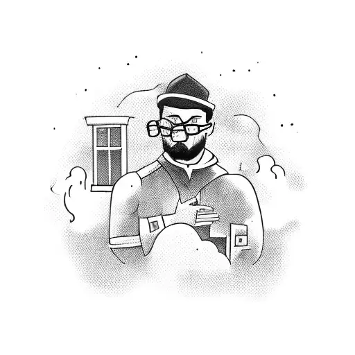 man looking in a window the view of a burning old city tattoo design idea