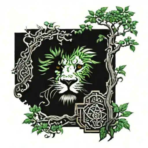 green lion eyes wtih a bonzai tree tattoo design idea
