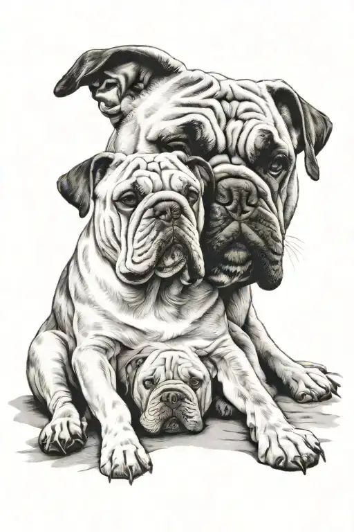 A bulldog and Great Dane sitting together in a peaceful beach setting tattoo design idea