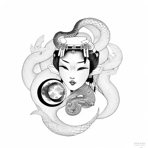Geisha with a snake wrapped around her arm, surrounded by moon phases tattoo design idea