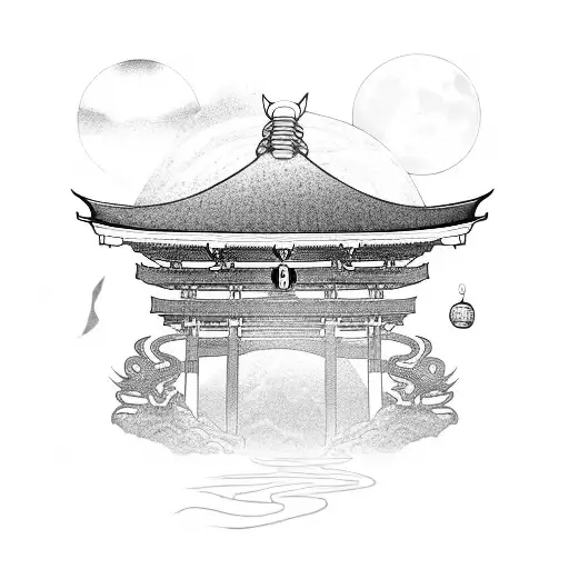 A snake wrapped around a Japanese torii gate with a moonlit sky tattoo design idea