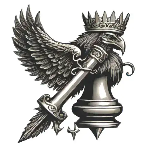 tattoo design of a black king chess piece replace the cross with the crescent moon symbol of muslims and a raven on top  tattoo design idea