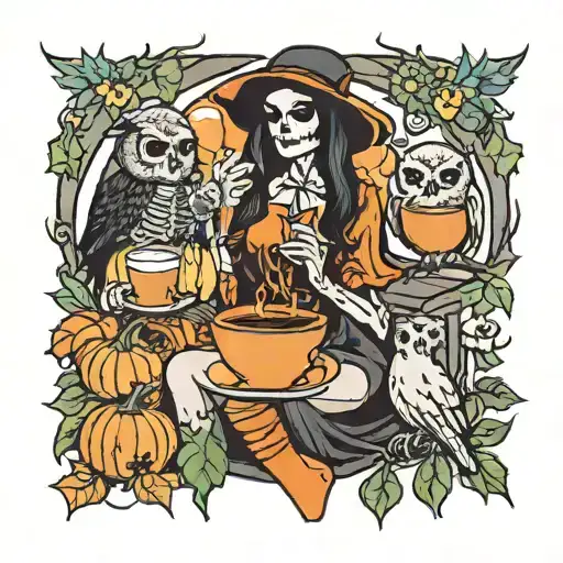 skeleton witch drinking coffee with a owl and a pumpkin with sunflowers   tattoo design idea