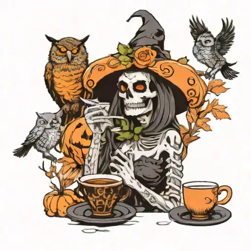 skeleton witch drinking coffee with a owl and a pumpkin   tattoo design idea