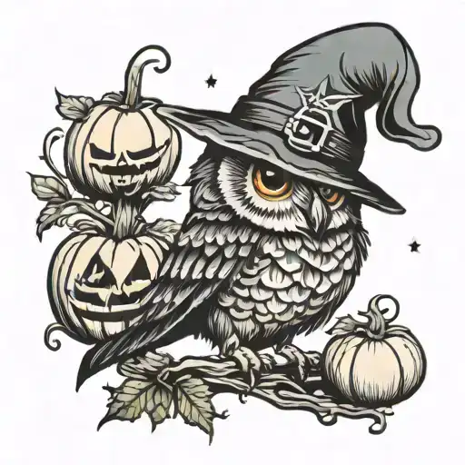 owl with witch hat and pumpkins   tattoo design idea