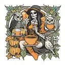skeleton witch drinking coffee with a owl and a pumpkin with sunflowers   tattoo design idea