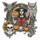 skeleton witch drinking coffee with a owl and a pumpkin with sunflowers   tattoo design idea