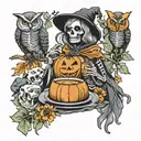 skeleton witch drinking coffee with a owl and a pumpkin with sunflowers   tattoo design idea