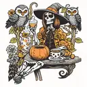 skeleton witch drinking coffee with a owl and a pumpkin with sunflowers   tattoo design idea