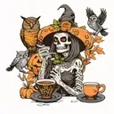 skeleton witch drinking coffee with a owl and a pumpkin   tattoo design idea