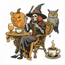 skeleton witch drinking coffee with a owl and a pumpkin   tattoo design idea