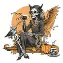 skeleton witch drinking coffee with a owl and a pumpkin   tattoo design idea