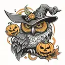 owl with witch hat and pumpkins   tattoo design idea