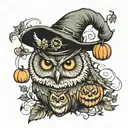 owl with witch hat and pumpkins   tattoo design idea
