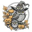 owl with witch hat and pumpkins   tattoo design idea