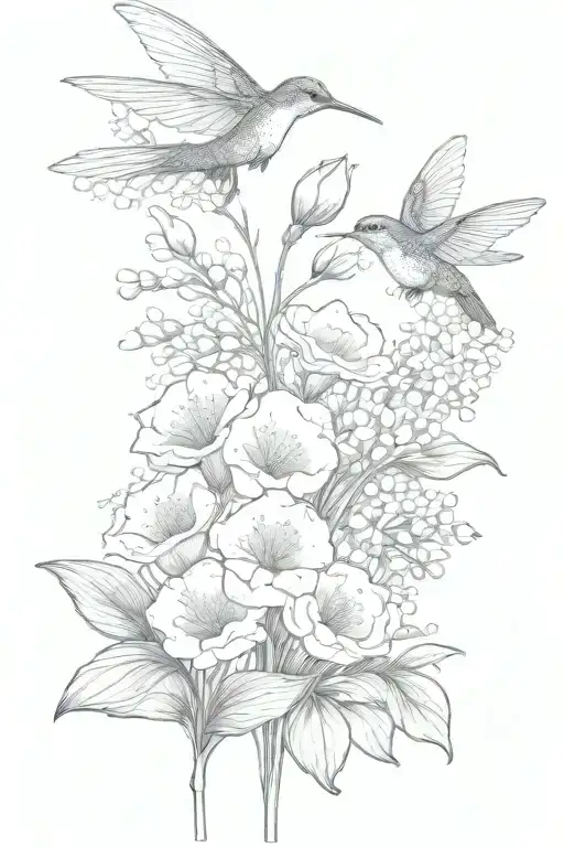 long stem bouquet with lily of the valley, carnation, and poppy and small hummingbird hovering tattoo design idea