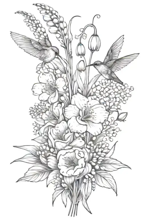 long stem bouquet with lily of the valley, carnation, and poppy and small hummingbird hovering tattoo design idea