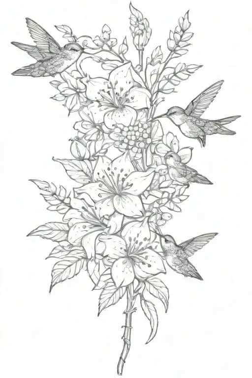 long stem bouquet with May and August birth flowers and small hummingbird hovering tattoo design idea