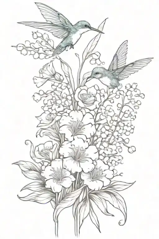long stem bouquet with lily of the valley, carnation, and poppy and small hummingbird hovering tattoo design idea