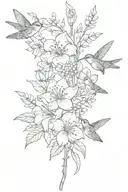 long stem bouquet with May and August birth flowers and small hummingbird hovering tattoo design idea