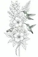 long stem bouquet with May and August birth flowers and small hummingbird hovering tattoo design idea