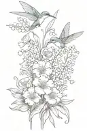 long stem bouquet with lily of the valley, carnation, and poppy and small hummingbird hovering tattoo design idea