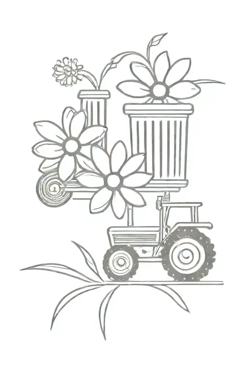 simple line daisey and John Deere tractor tattoo design idea