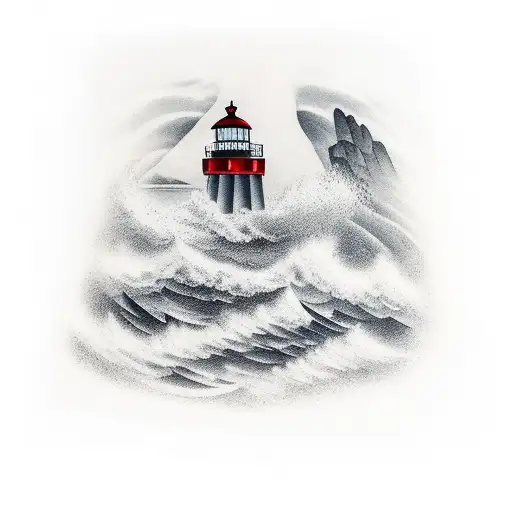  one lighthouse in a storm with mountain landscape behind and doves flying  tattoo design idea