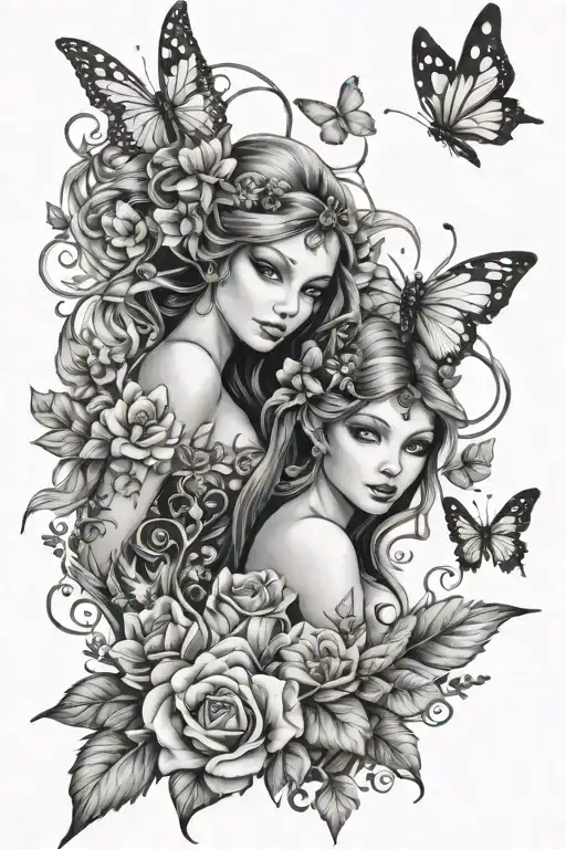 elf fairy and mermaid with flowers and butterflies   tattoo design idea