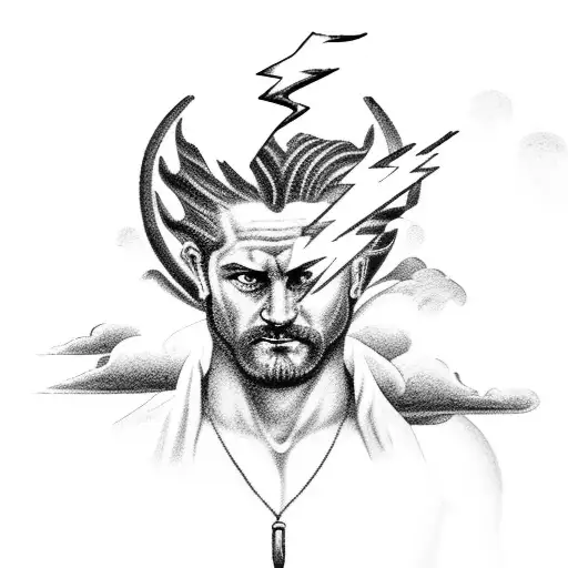 A realistic depiction of Zeus holding his iconic lightning bolt, surrounded by clouds and thunderstorm effects. tattoo design idea