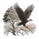 A majestic eagle soaring through a mystical oak tree forest tattoo design idea