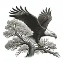A majestic eagle soaring through a mystical oak tree forest tattoo design idea