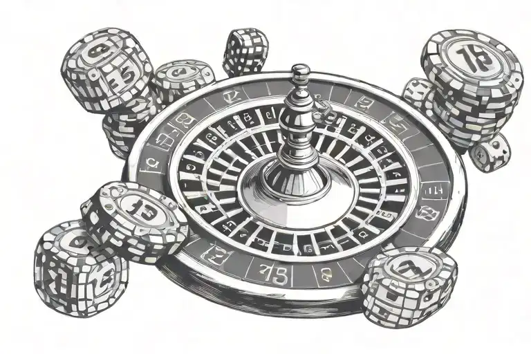 roulette wheel with ball in number 13 with casino chips and dice tattoo design idea