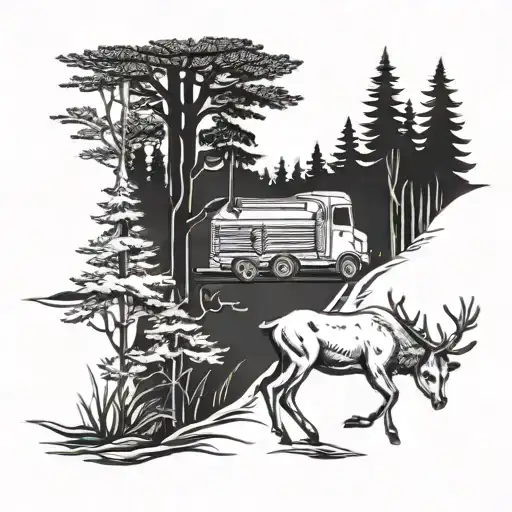 A blackwork tattoo of a truck driving through a forest with deer running alongside tattoo design idea