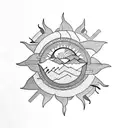 A row of sun, mountain, waves and wind tattoo design idea