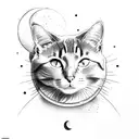 A cat sitting on a crescent moon with a galaxy background tattoo design idea