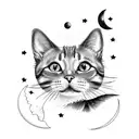 A cat sitting on a crescent moon with a galaxy background tattoo design idea
