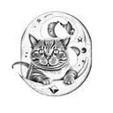 A cat sitting on a crescent moon with a galaxy background tattoo design idea