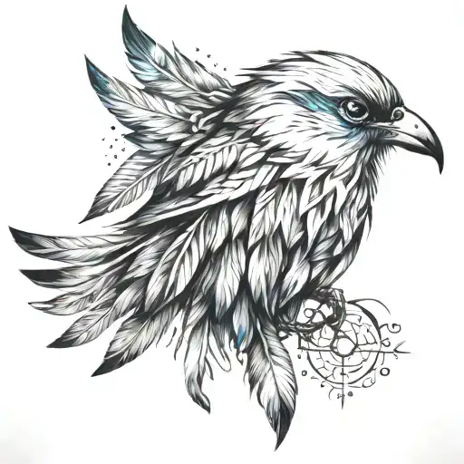 a neat tattoo from the ear to the neck and shoulder on the side in the form of a bird and scattered feathers from it  tattoo design idea
