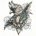a neat tattoo from the ear to the neck and shoulder on the side in the form of a bird and scattered feathers from it  tattoo design idea