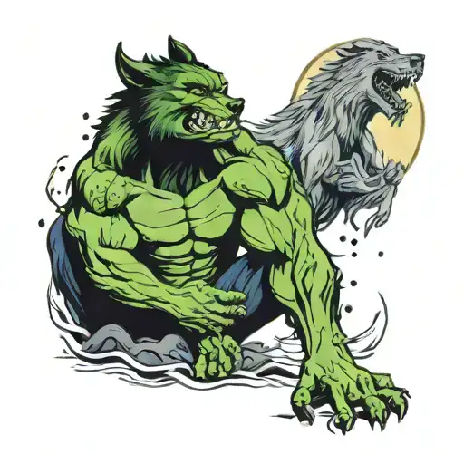 hulk meditating wolf howling at the moon tattoo design idea