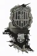 FC Barcelona stadium as background with badge on top with shadowing tattoo design idea