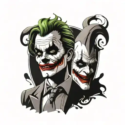 An abstract design combining elements of god and the joker in a black-grey color scheme tattoo design idea